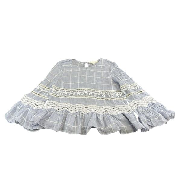 Jonathan Simkhai Blue Voile Grid Cotton Blouse XS Lace Ruffle Hem Top Keyhole - Picture 4 of 11